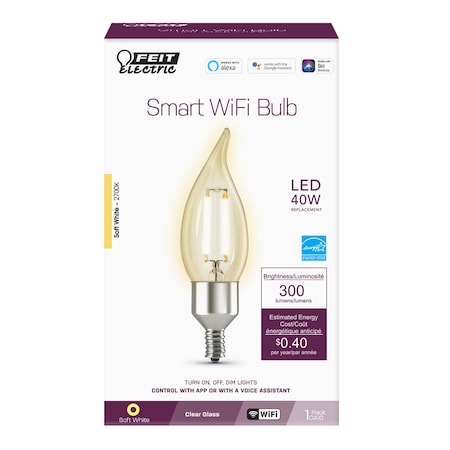 Feit Electric Feit Smart Home CA10 (Flame Tip) E12 (Candelabra) Smart-Enabled LED Bulb Soft White 40 Watt Equivale CFC40927CAFILAG